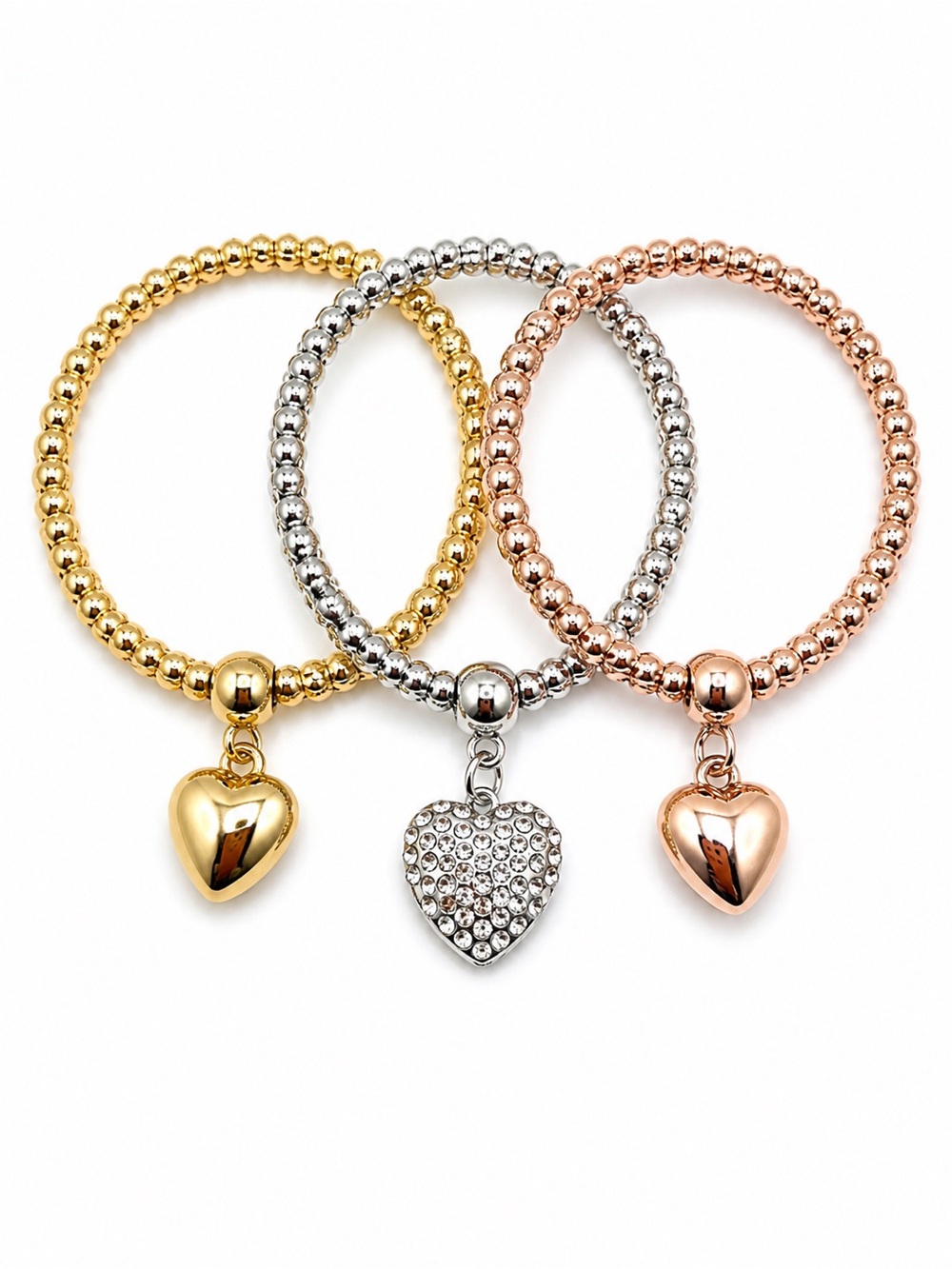 Three-Piece Heart Charm Bracelet Set - Gold, Silver, Rose Gold